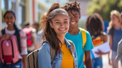 Smiling and engaged, a diverse group of high school students gather outside their school, their backpacks a testament to the academic journey they share and the friendships they build along the way