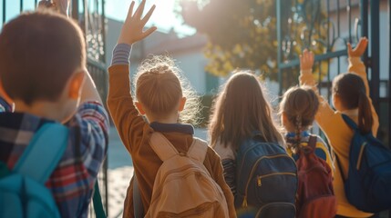 Cheerful kids, wearing backpacks, raising their hands in farewell as they enter the school grounds, the joyful and optimistic spirit of young students, educational journey in a supportive environment