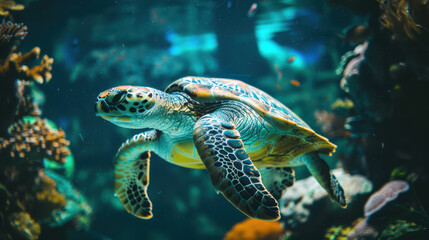 Fototapeta premium A photograph of a turtle swimming underwater, green and yellow shell, detailed texture, serene and calm pose, straight-on angle, near a coral reef