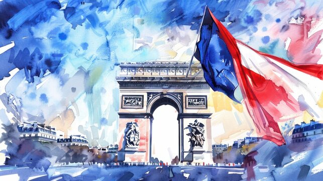 Watercolor illustration for french national day celebration with arc de triomphe and large flag.