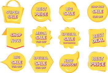 Set of Sale badges. Sale quality tags and labels. Template banner shopping badges. Special offer, sale, discount, shop, black friday. Vector illustration yellow color