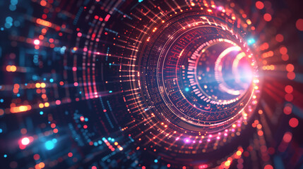 A dynamic and futuristic digital tunnel with glowing lights and intricate patterns, creating a vibrant and high-tech visual effect.
