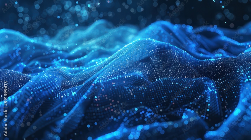 Poster wave particle technology background, blue curve business technology sense big data background materi