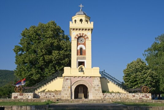Kamenica, Serbia - Jul 9, 2024: Cegar is a place in Serbia where the Battle of Cegar Hill took place. It was erected for the 15th anniversary of the liberation of Nis from the Turks. Selective focus