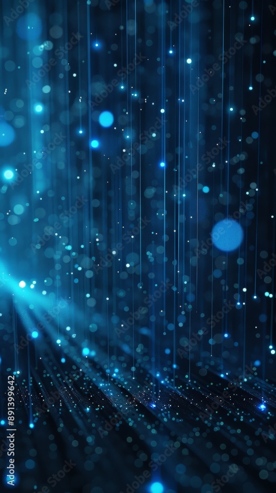 Aufkleber Blue digital light beams in a dark background with bokeh effects. Abstract futuristic technology and data communication concept.