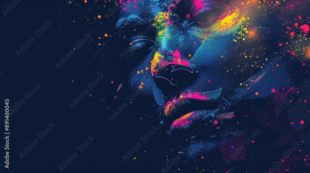 Poster Colorful digital face composed of pixelated patterns and glowing particles on a dark background. Represents AI and futuristic technology