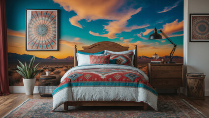 Southwestern bedroom with desert sunset mural, white comforter, patterned duvet, bedside table, and lamp