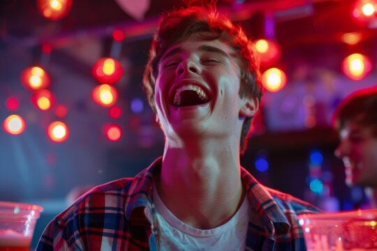 Young man laughing out loud while enjoying nightlife in pub