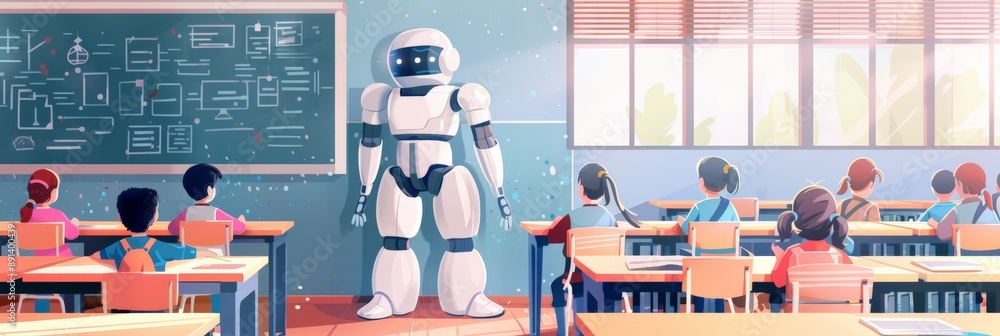Poster humanoid robot instructing a classroom of young students. advanced ai and modern education technolog