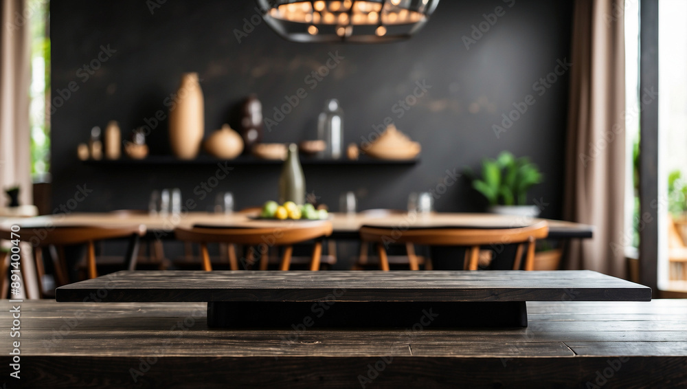 Wall mural Empty black wooden table for product display with blurry dining room background