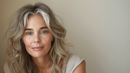 Fototapeta premium beauty portrait of a smiling woman 45 years old with gray hair on a neutral background, concept of natural female beauty and skin care