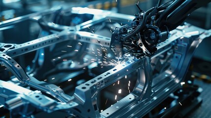 A close-up of a robotic arm precision welding EV car frames, showcasing advanced assembly techniques in the factory.