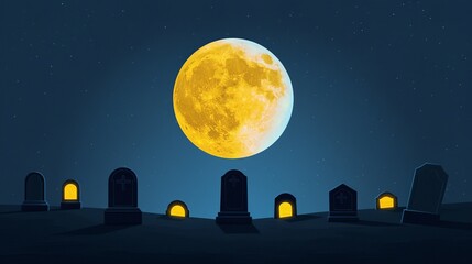 Naklejka premium Moonlit graveyard with tombstones glowing softly, spirits rising from their resting places. Illustration Flat Color, Clip Art Style , Minimalism,