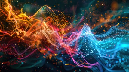 A colorful and dynamic abstract visualization representing big data, information streams, and complex graphs, showing the processing of data by artificial intelligence. Generative AI