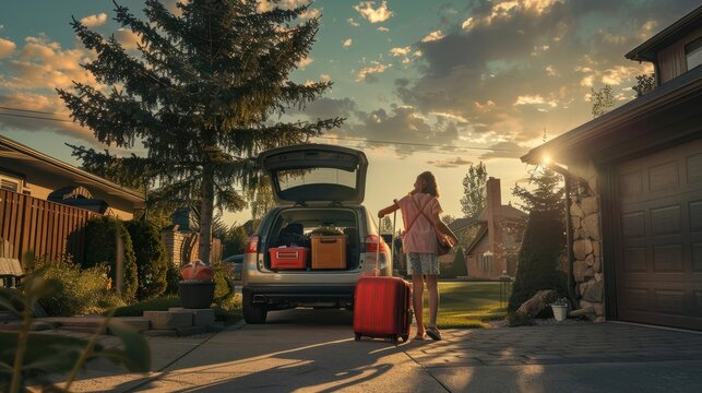 A family of three prepares for a road trip by loading luggage into the trunk of a car parked in a suburban driveway