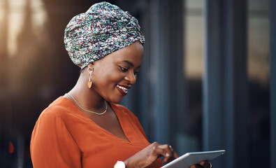 Happy, black woman and tablet in office for reading psychology blog, startup and online research. African therapist, smile and digital tech for mental health faq, counselling and virtual consultation