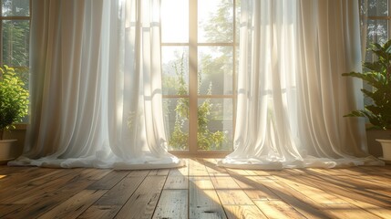 Blowing white sheer curtain。
