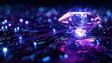 A glowing violet and blue diamond symbolizes digital wealth, crypto, and NFT ownership. Subtle binary code overlays enhance the futuristic theme, representing blockchain technology.