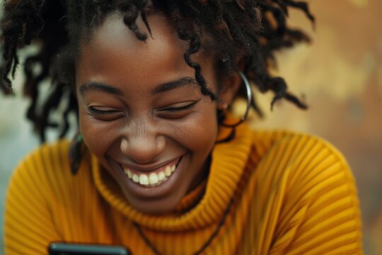 Young woman is texting on smartphone and  laughing out loud