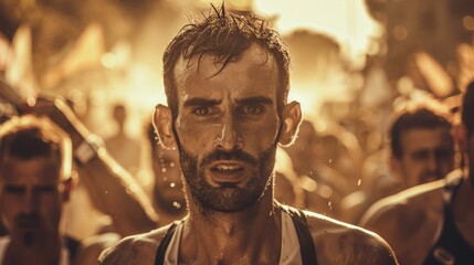 Determined athlete covered in sweat running a marathon
