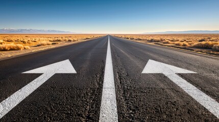 Fototapeta premium A long, asphalted road with white arrows pointing upwards, symbolizing progress and the journey to success. The clear sky and distant horizon evoke a sense of endless possibilities and determination.