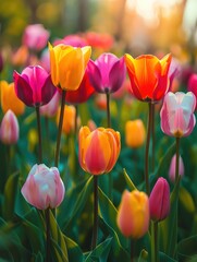 A colorful garden of tulips in various shades, blooming brightly under the sunlight, perfect for advertising with ample copy space