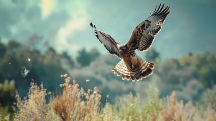 Fototapeta premium A brown and white hawk with its wings spread soars over green hills and brown grass
