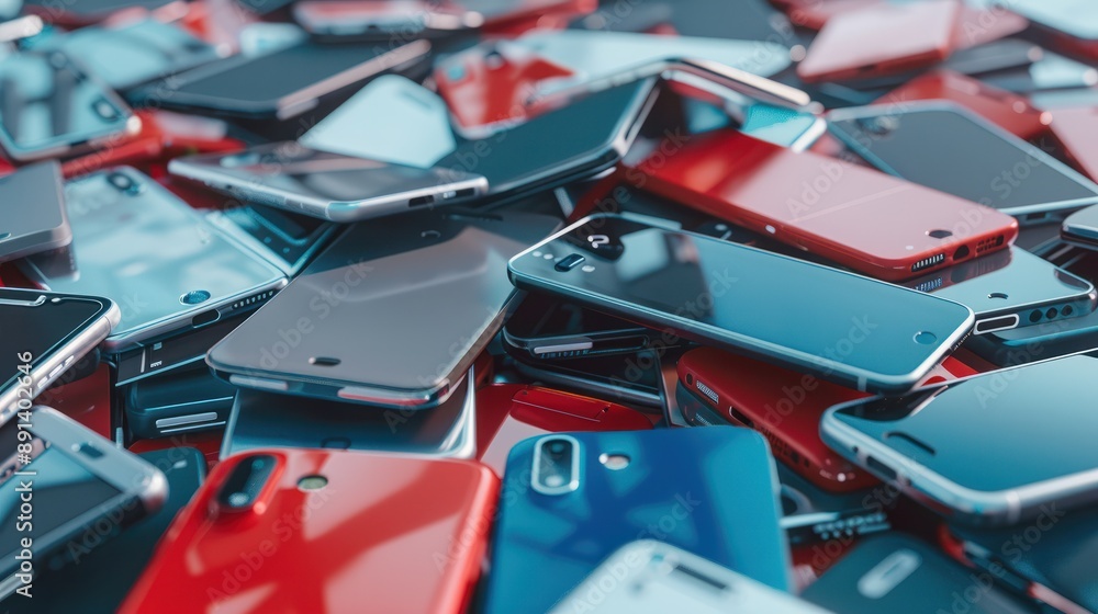 Aufkleber a pile of many mobile phones on a table. the background features various types and models of smartph