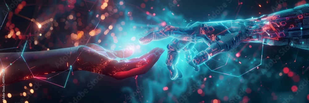 Poster Robot and human hand reaching out to each other with digital connections, symbolizing technology and connection. Ideal for AI and futuristic themes.