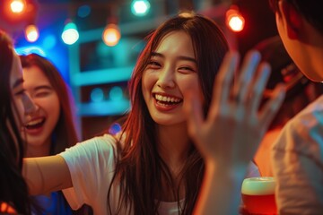Young woman laughing with friends, having fun at party in bar