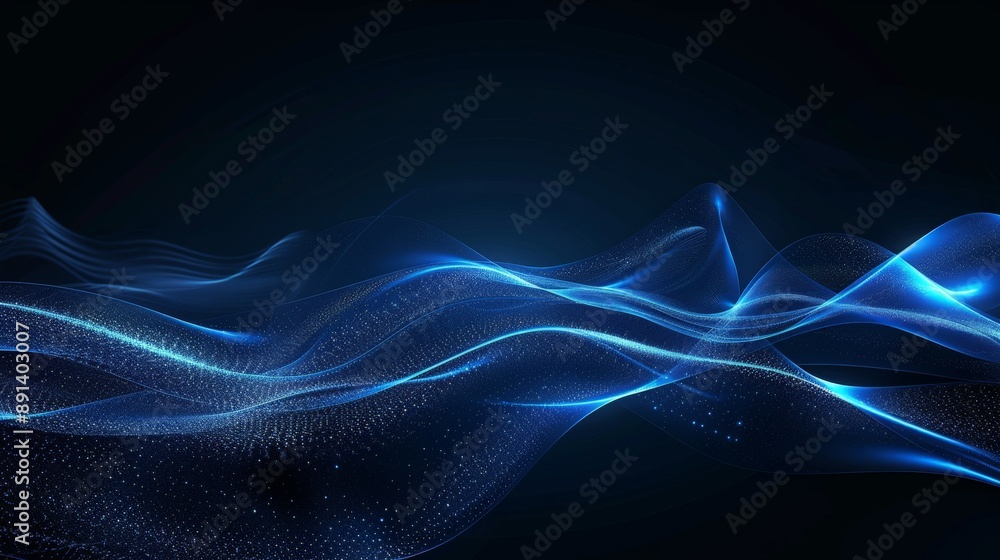 Poster abstract blue waves of light and particles, illustrating futuristic technology and innovation. ideal
