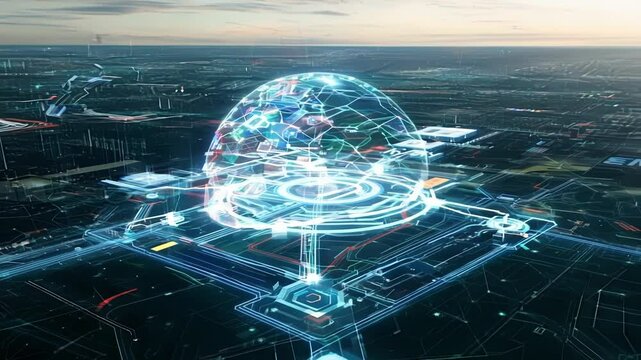 A birds eye view of a holographic energy grid sprawling across the landscape like a web distributing power to countless financial institutions.