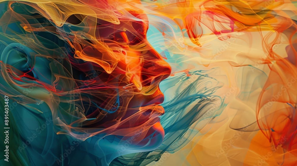 Aufkleber abstract digital art with a blend of vibrant colors and a human-like face, representing ai and techn
