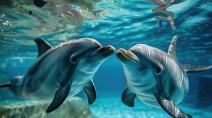 Naklejka premium Two dolphins face each other underwater in a marine park, their bodies sleek and streamlined as they swim. The water is clear and blue, with sunlight filtering through from above