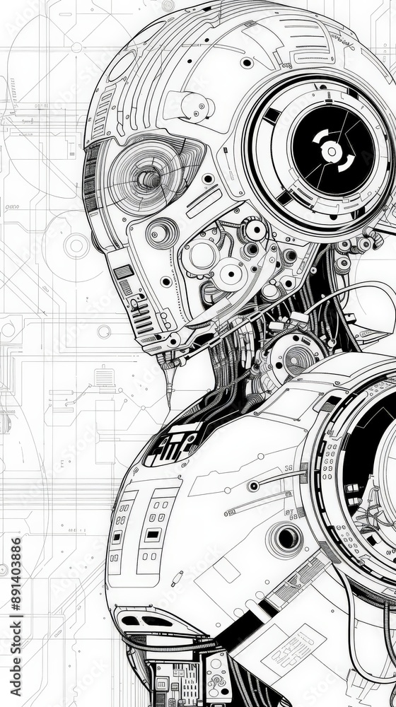 Aufkleber Close-up of a futuristic robot with intricate mechanical components. Ideal for illustrating advanced technology, robotics, and AI.