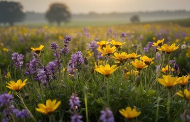 Fototapeta premium background image of a beautiful spring blooming flower field with a variety of striking colors, with a blurred background.