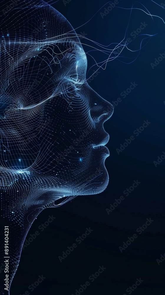Poster Profile of a digital face with interconnected light patterns on a dark background. Represents AI and futuristic technology