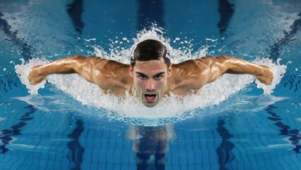 A man swimming in a pool with his arms outstretched, AI