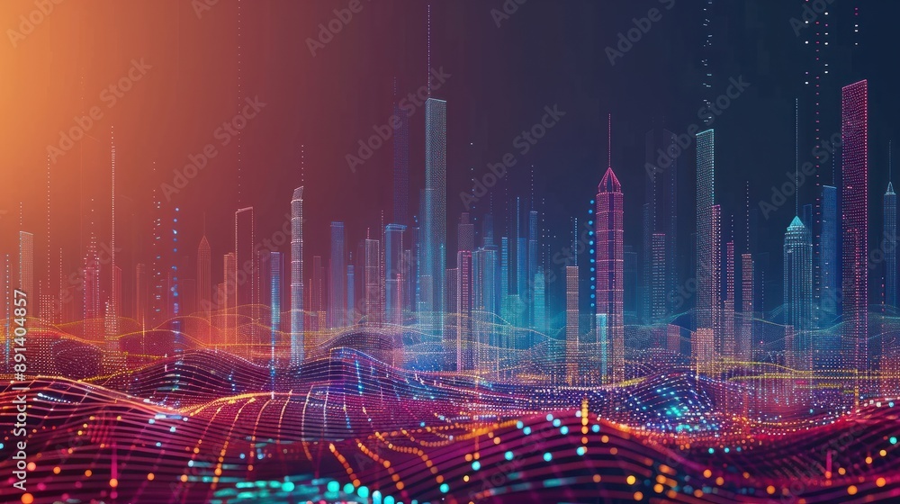 Poster abstract dot point connect with gradient lines in a smart city, intricate wave line design, big data