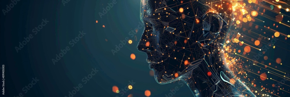 Aufkleber digital humanoid profile with glowing orange light patterns and abstract connections. ai technology 
