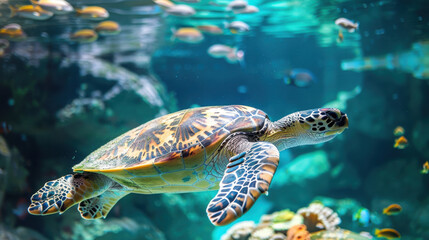 Fototapeta premium A photograph of a turtle swimming underwater, green and yellow shell, detailed texture, graceful swimming pose, side view, near a colorful fish school
