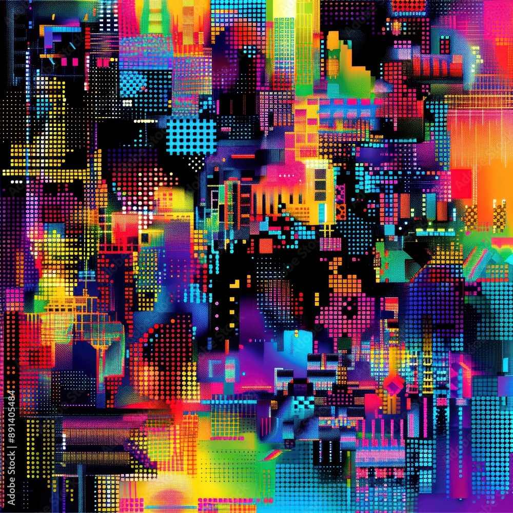 Poster a multicolored digital abstract mosaic with various geometric shapes and vibrant hues. the intricate