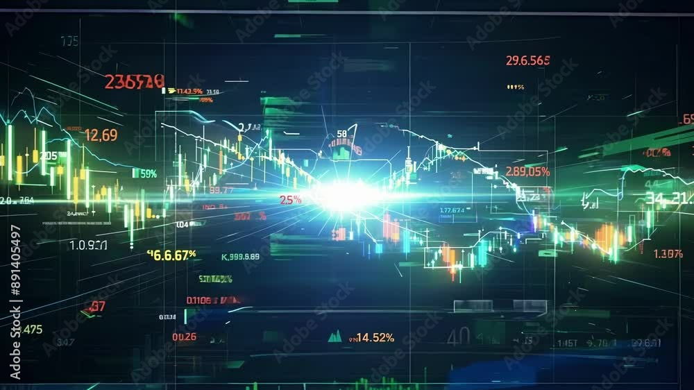 Poster holograms of stock tickers and market indices scroll through the air giving a realtime update of the