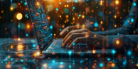 Hands typing on a laptop with vibrant digital data streams in a futuristic and ambient setting