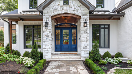 Front blue door, a grand entryway leading up to a front blue door ,A nice entrance of a luxury house ,A dark fornt door and porch of a new construction house ,Elegeant front door