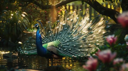 Obraz premium A peacock stands in a pond, its vibrant blue and green feathers displayed in a magnificent fan, with pink flowers and greenery in the background