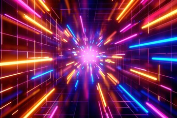 Fototapeta premium Colorful Neon Light Speed Tunnel depicting vibrant, fast-moving light beams in a futuristic setting.