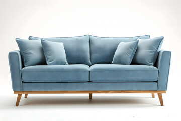 Fototapeta premium Modern Blue Sofa with Wooden Legs isolated on white background