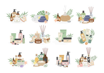 Set of natural eco cosmetic, aromatherapy and spa salon products.  Lotion, creams, essential oils, candles, and diffusers. Beauty selfcare vector illustration. Organic elements, leaves and flowers.