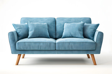 Modern Blue Sofa with Wooden Legs isolated on white background